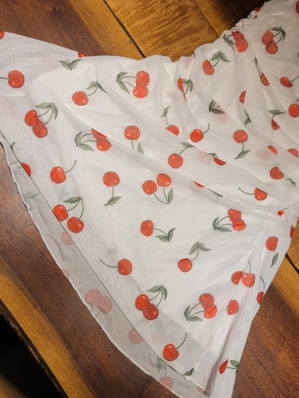 White Cherry Print Overlay Mini Dress Size Small - Picture 5 of 8
